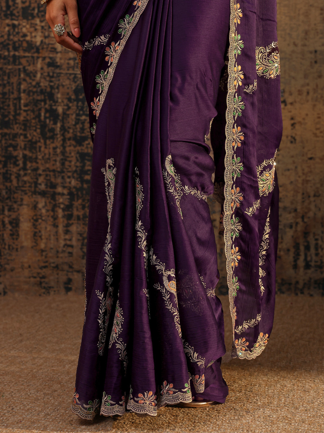 Purple Floral Embellished Satin Saree With Unstitched Blouse Piece