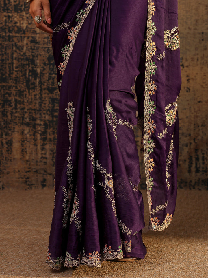 Purple Floral Embellished Satin Saree With Unstitched Blouse Piece