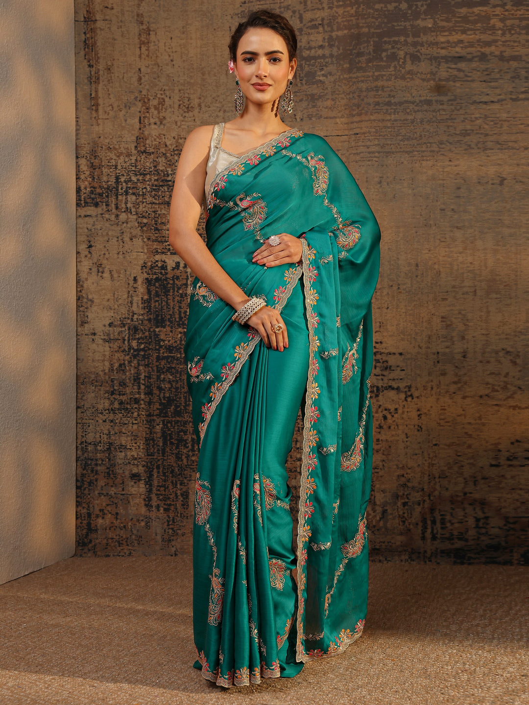 Green Floral Embellished Satin Saree With Unstitched Blouse Piece