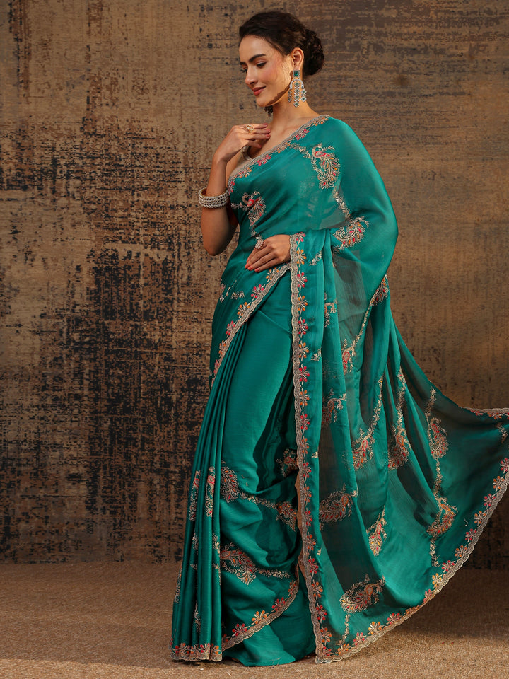 Green Floral Embellished Satin Saree With Unstitched Blouse Piece