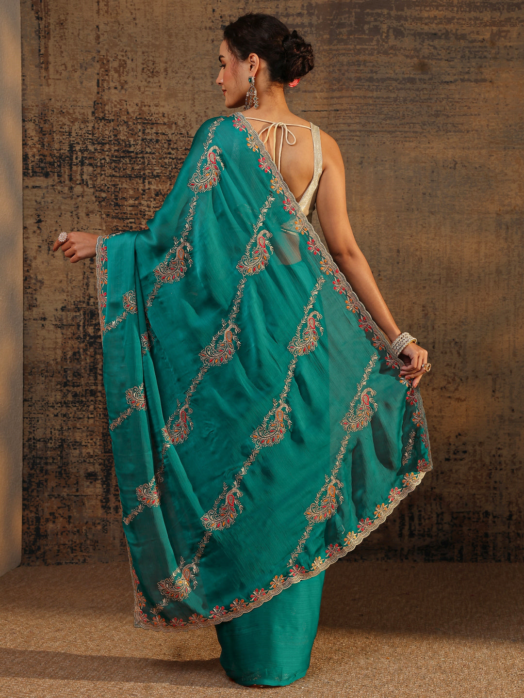 Green Floral Embellished Satin Saree With Unstitched Blouse Piece