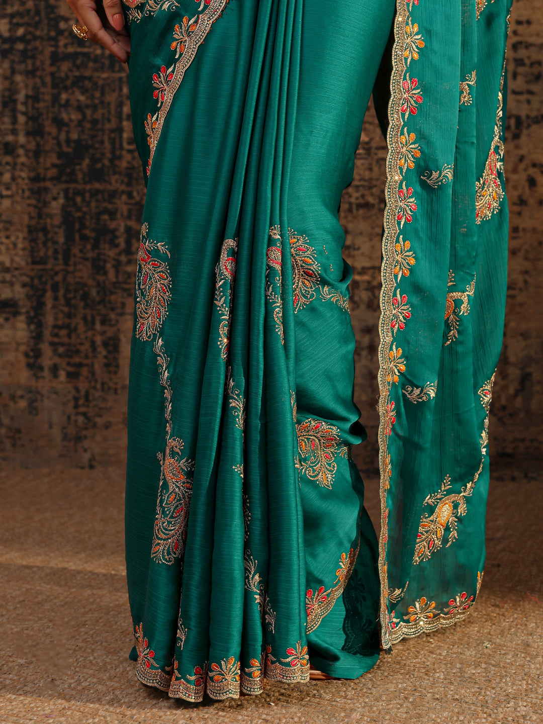 Green Floral Embellished Satin Saree With Unstitched Blouse Piece