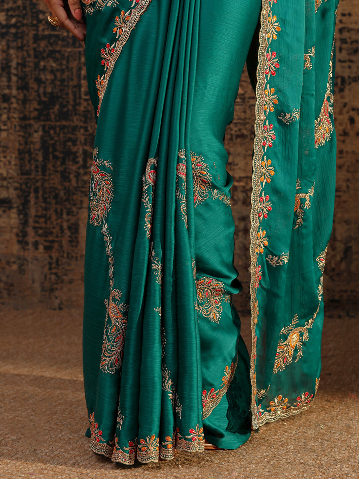 Green Floral Embellished Satin Saree With Unstitched Blouse Piece