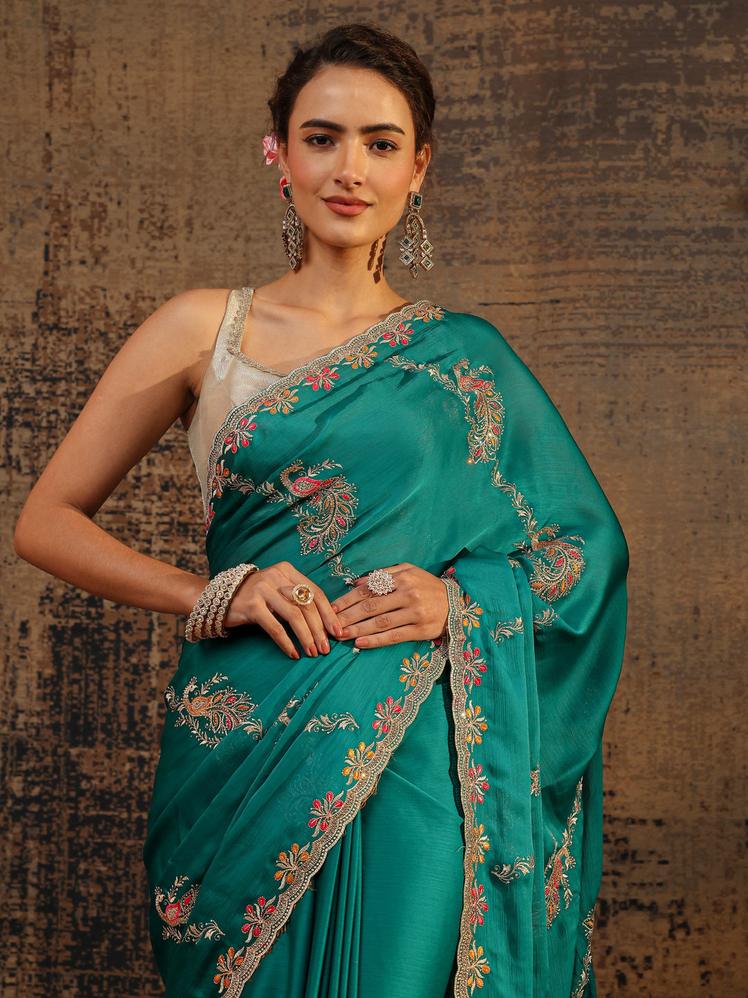 Green Floral Embellished Satin Saree With Unstitched Blouse Piece
