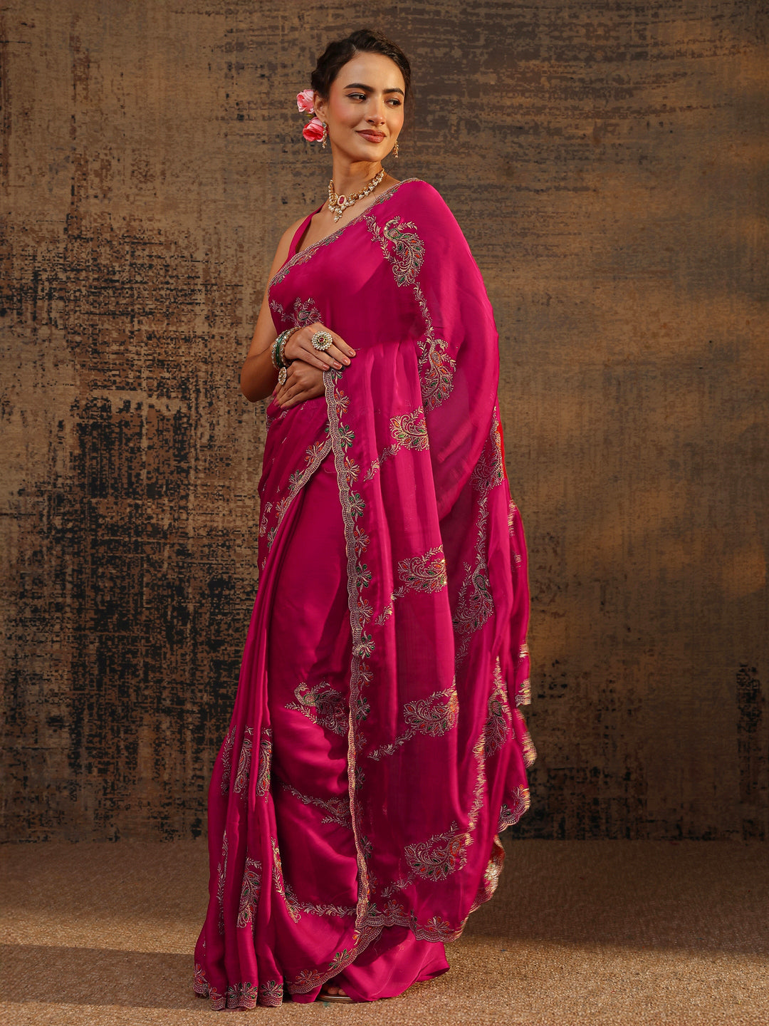 Pink Floral Embellished Satin Saree With Unstitched Blouse Piece