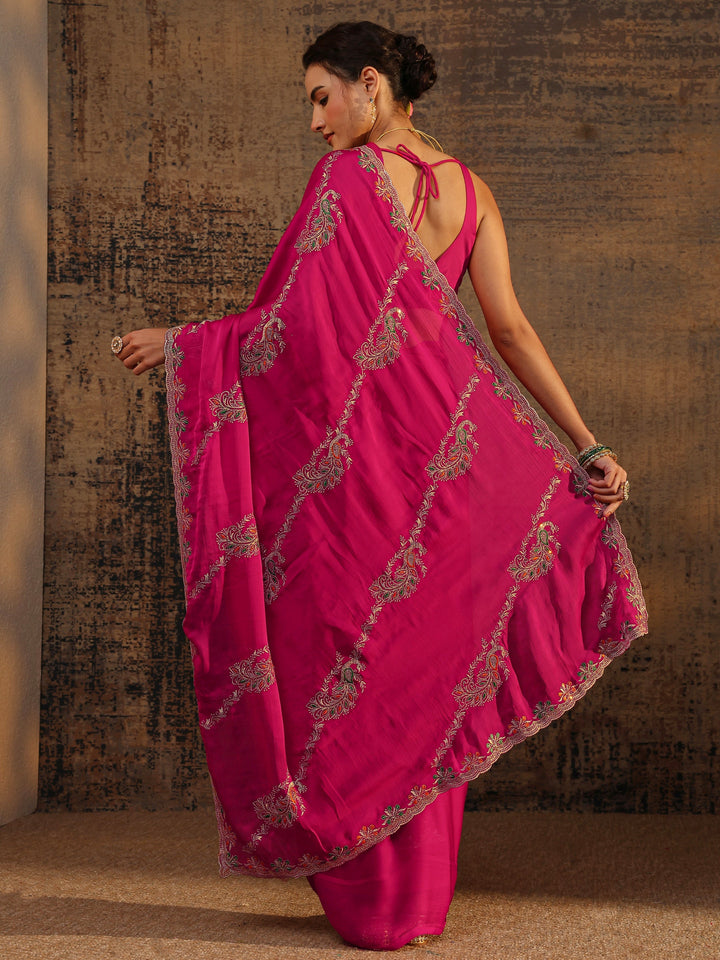 Pink Floral Embellished Satin Saree With Unstitched Blouse Piece