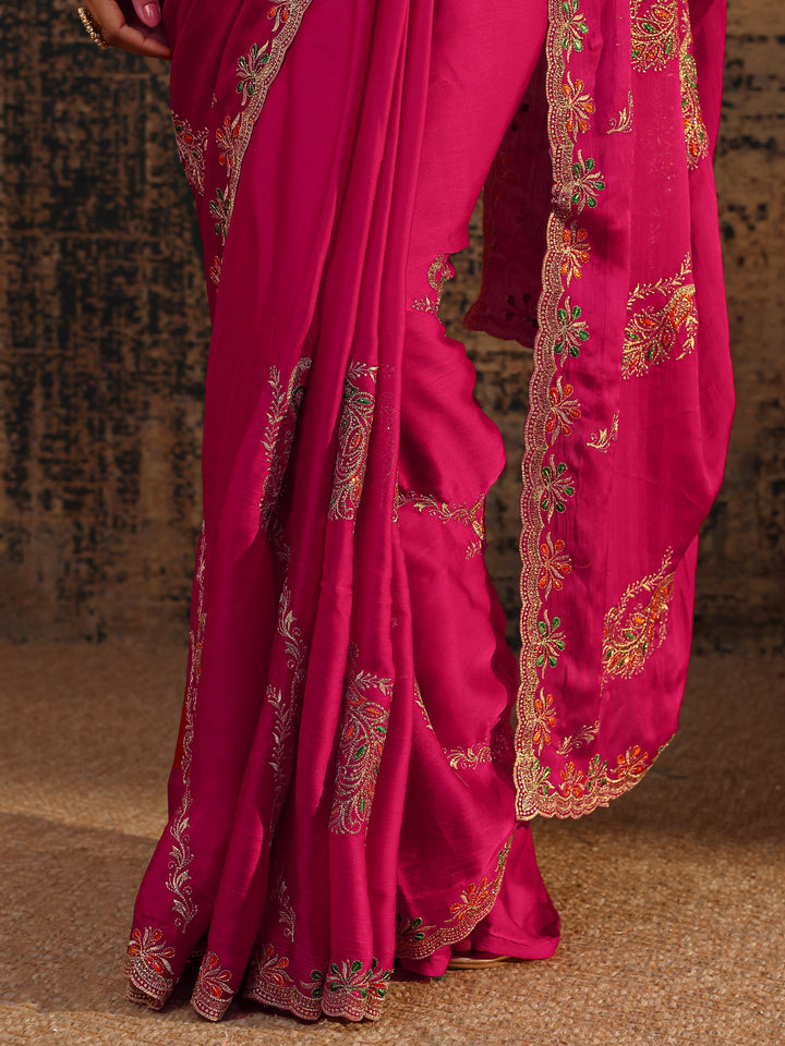 Pink Floral Embellished Satin Saree With Unstitched Blouse Piece
