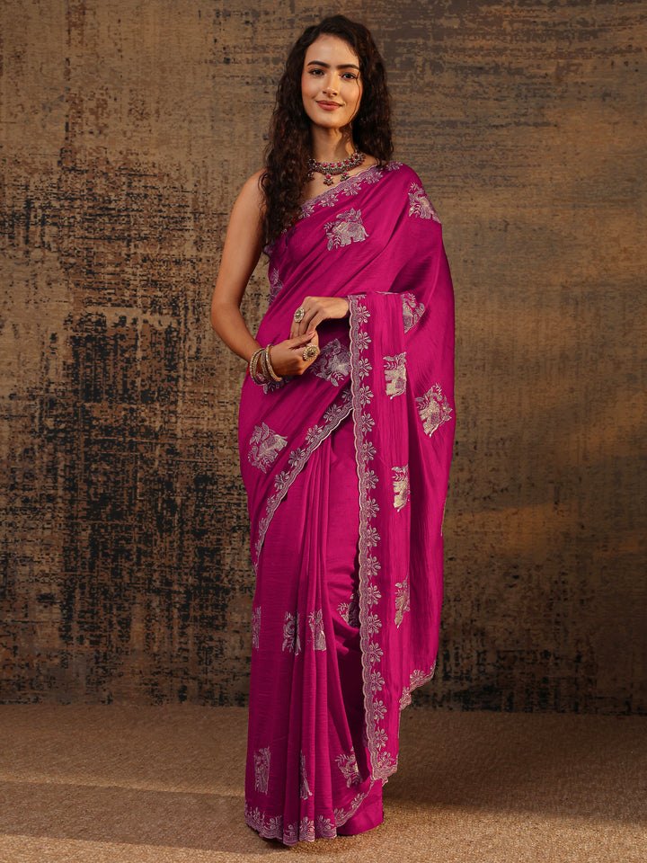 Pink Floral Embellished Silk Blend Saree With Unstitched Blouse Piece