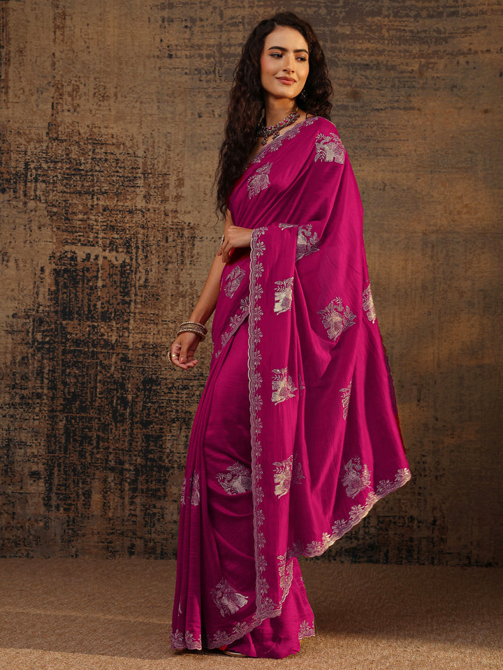 Pink Floral Embellished Silk Blend Saree With Unstitched Blouse Piece