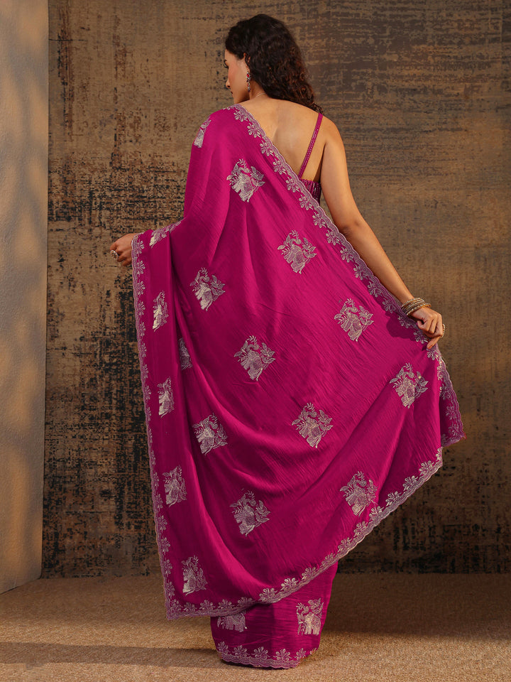 Pink Floral Embellished Silk Blend Saree With Unstitched Blouse Piece