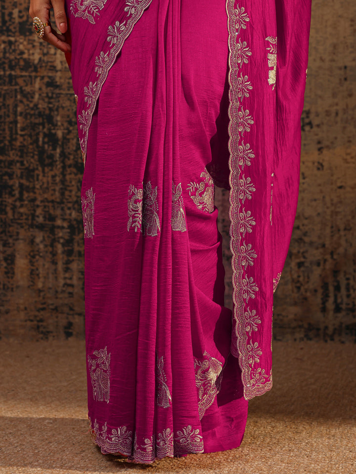 Pink Floral Embellished Silk Blend Saree With Unstitched Blouse Piece