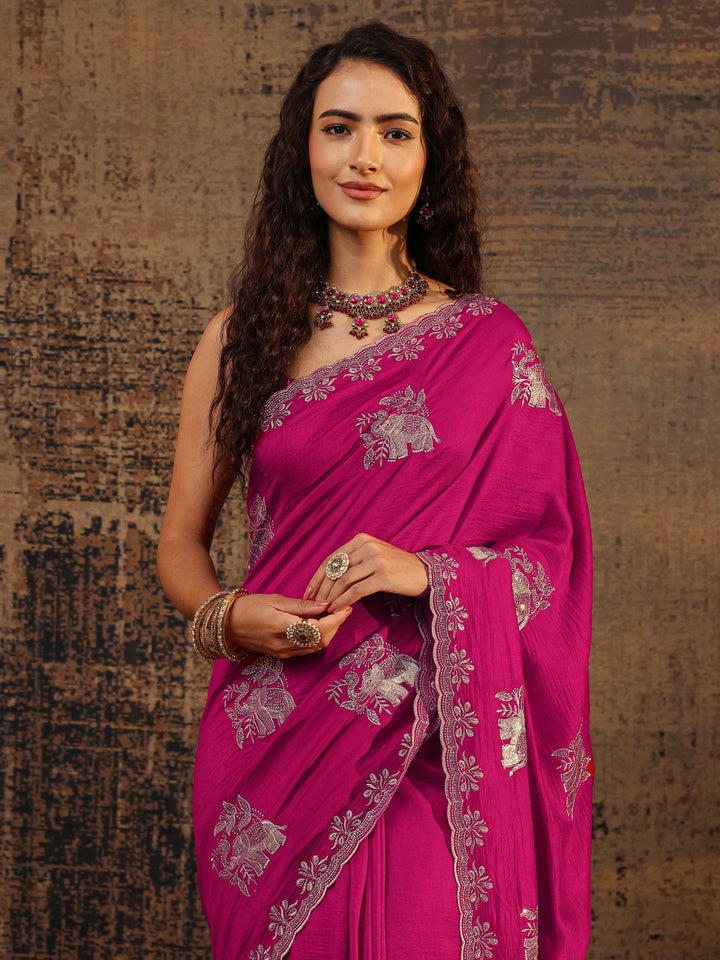 Pink Floral Embellished Silk Blend Saree With Unstitched Blouse Piece