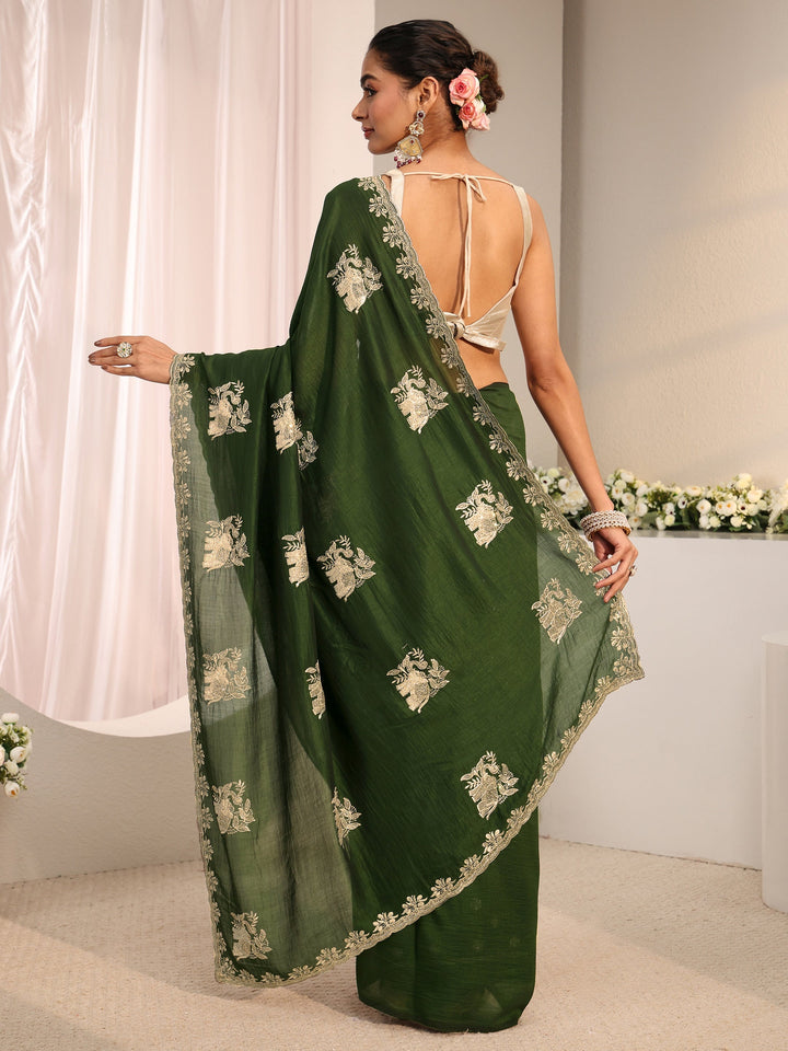 Green Ethnic Embroidered Silk Blend Saree With Unstitched Blouse Piece