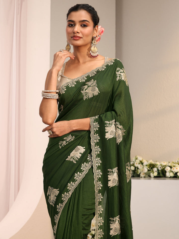 Green Ethnic Embroidered Silk Blend Saree With Unstitched Blouse Piece