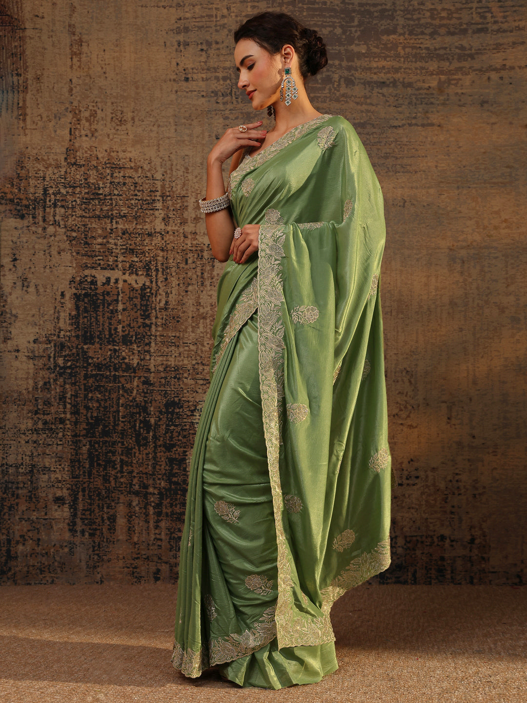 Green Floral Embellished Satin Saree With Unstitched Blouse Piece