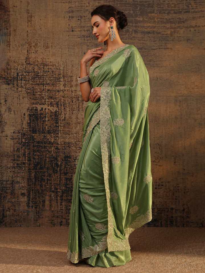 Green Floral Embellished Satin Saree With Unstitched Blouse Piece