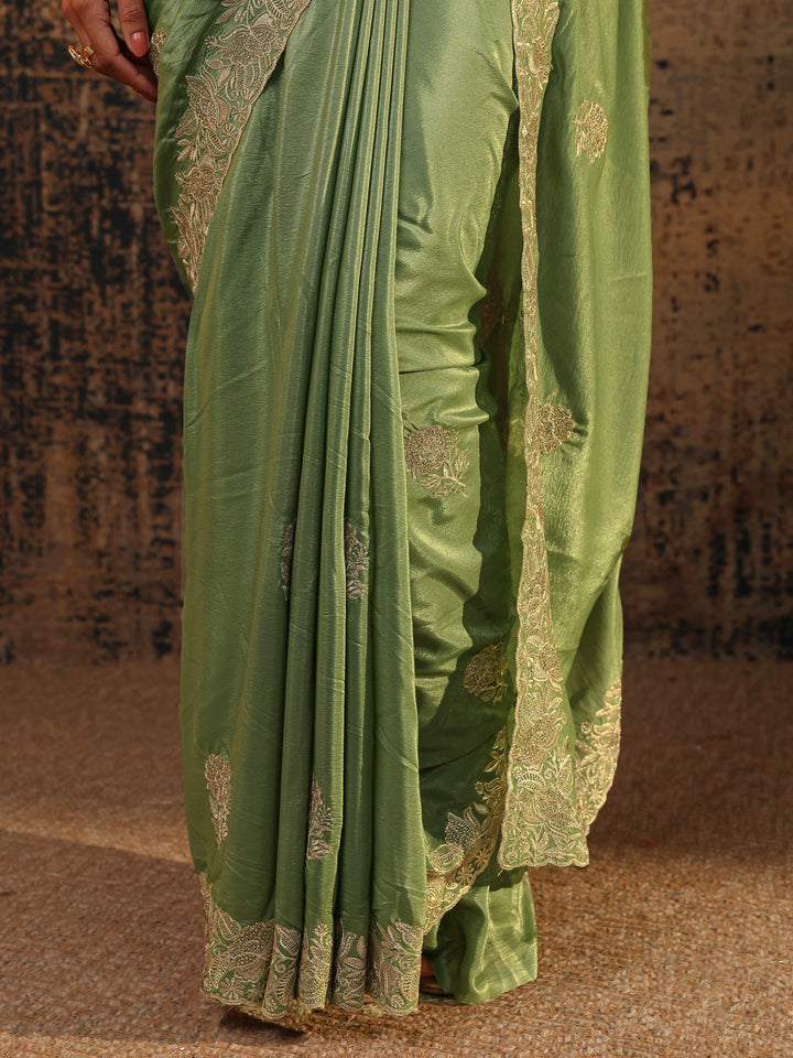 Green Floral Embellished Satin Saree With Unstitched Blouse Piece
