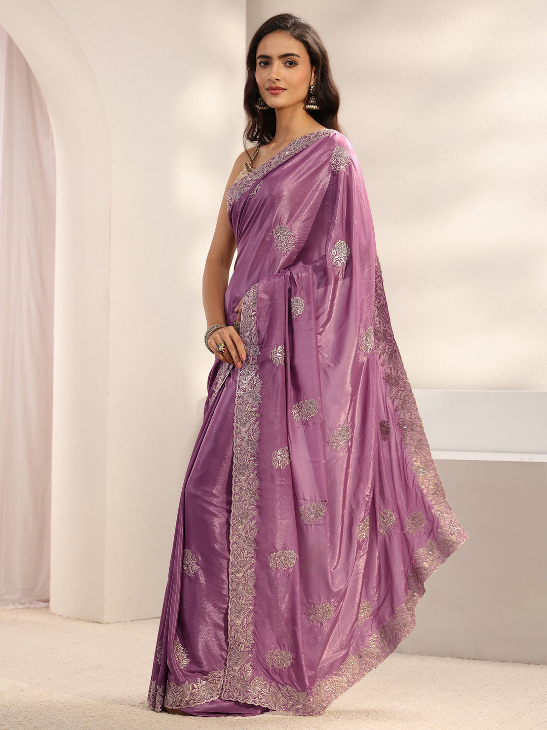 Lavender Floral Embellished Satin Saree With Unstitched Blouse Piece