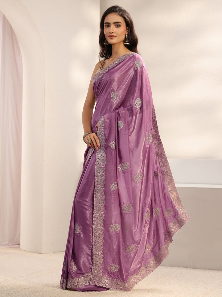 Lavender Floral Embellished Satin Saree With Unstitched Blouse Piece