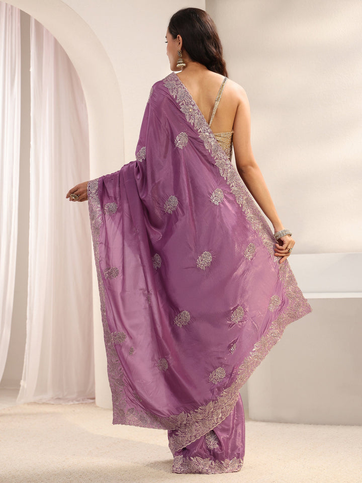 Lavender Floral Embellished Satin Saree With Unstitched Blouse Piece