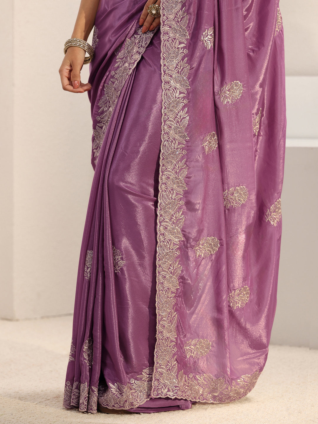 Lavender Floral Embellished Satin Saree With Unstitched Blouse Piece