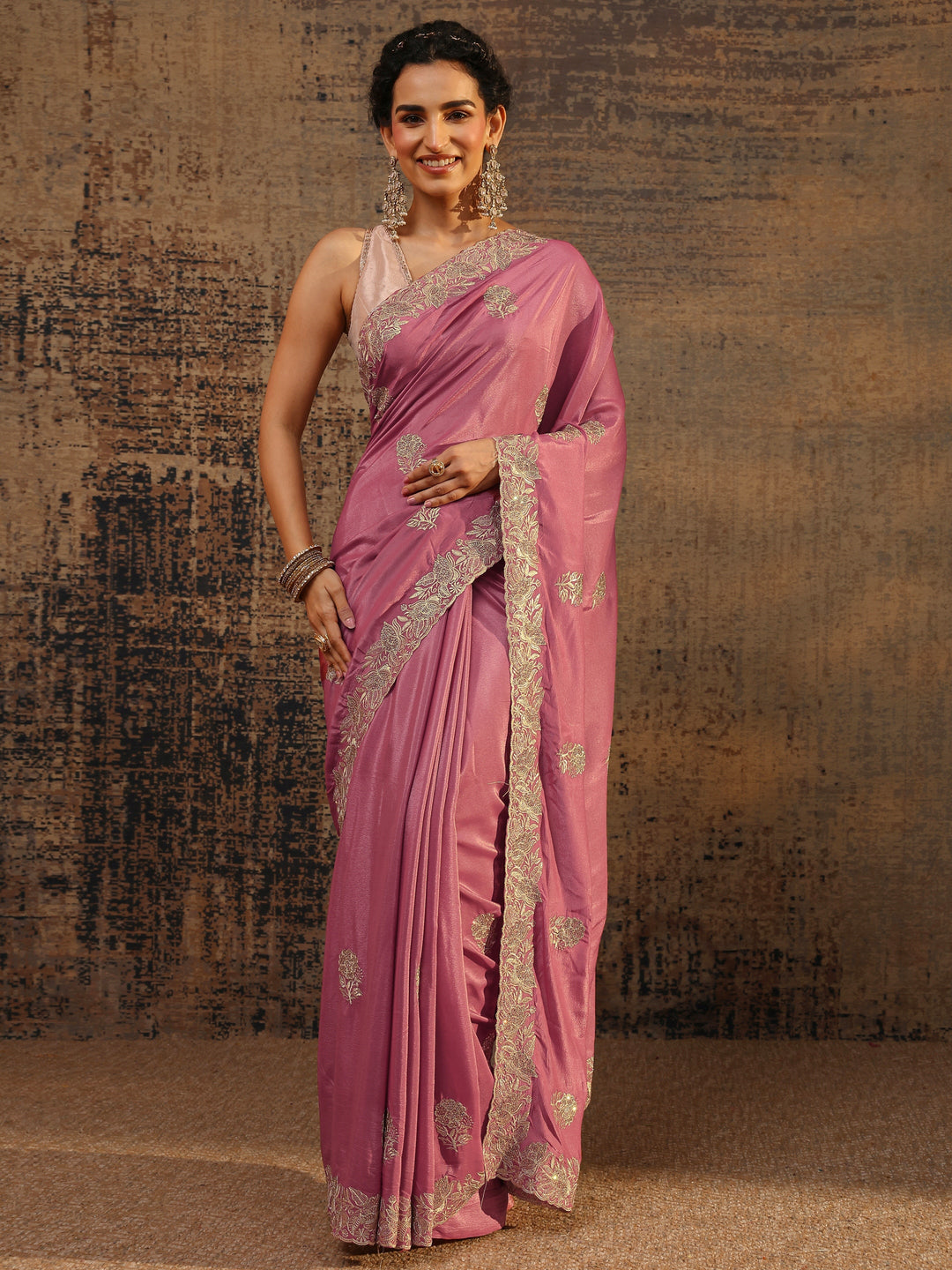 Mauve Floral Embellished Satin Saree With Unstitched Blouse Piece
