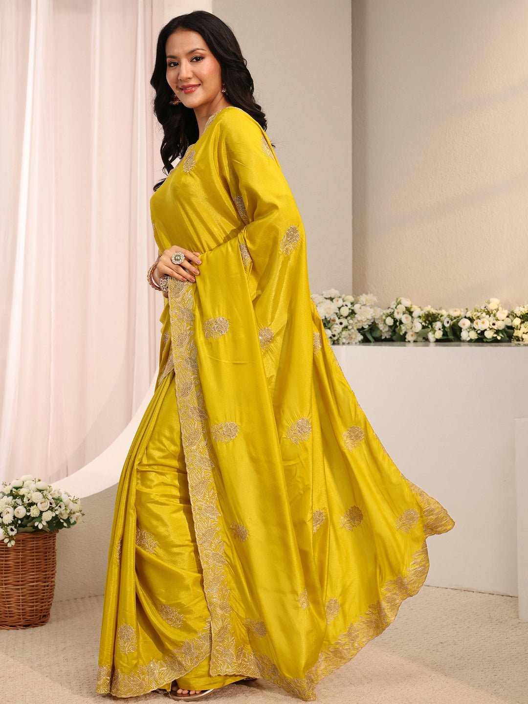 Mustard Floral Embroidered Satin Saree With Unstitched Blouse Piece