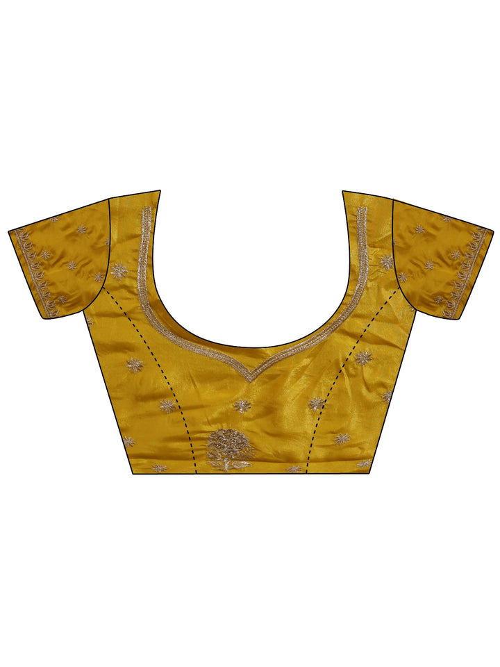 Mustard Floral Embroidered Satin Saree With Unstitched Blouse Piece