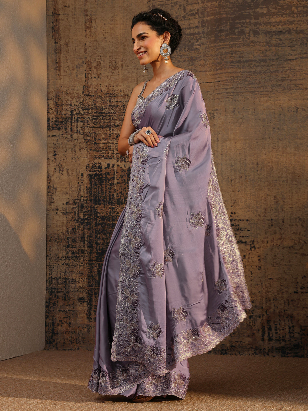 Lavender Floral Embellished Satin Saree With Unstitched Blouse Piece