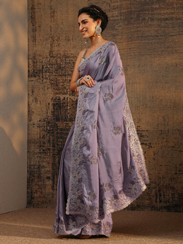 Lavender Floral Embellished Satin Saree With Unstitched Blouse Piece