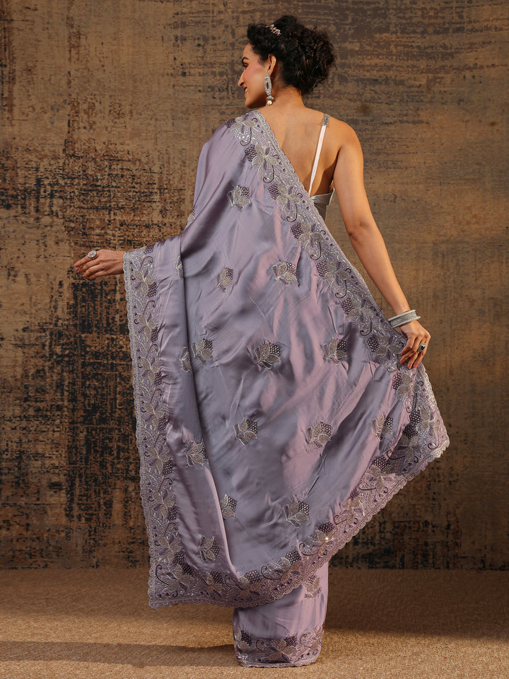 Lavender Floral Embellished Satin Saree With Unstitched Blouse Piece