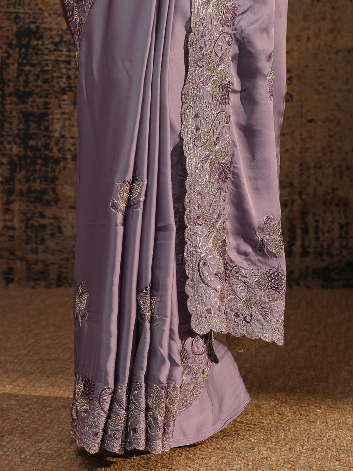 Lavender Floral Embellished Satin Saree With Unstitched Blouse Piece