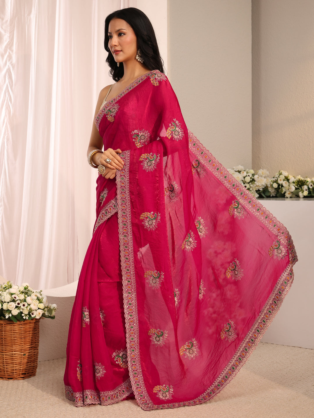 Pink Floral Embroidered Tissue Saree With Unstitched Blouse Piece