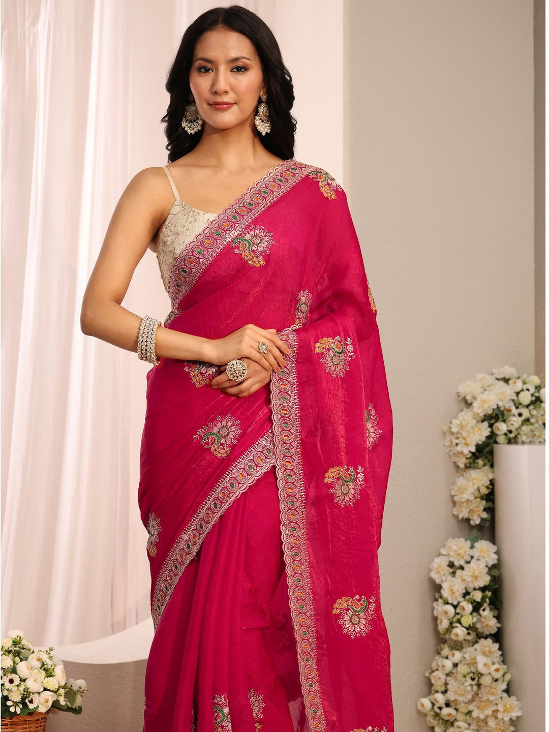 Pink Floral Embroidered Tissue Saree With Unstitched Blouse Piece