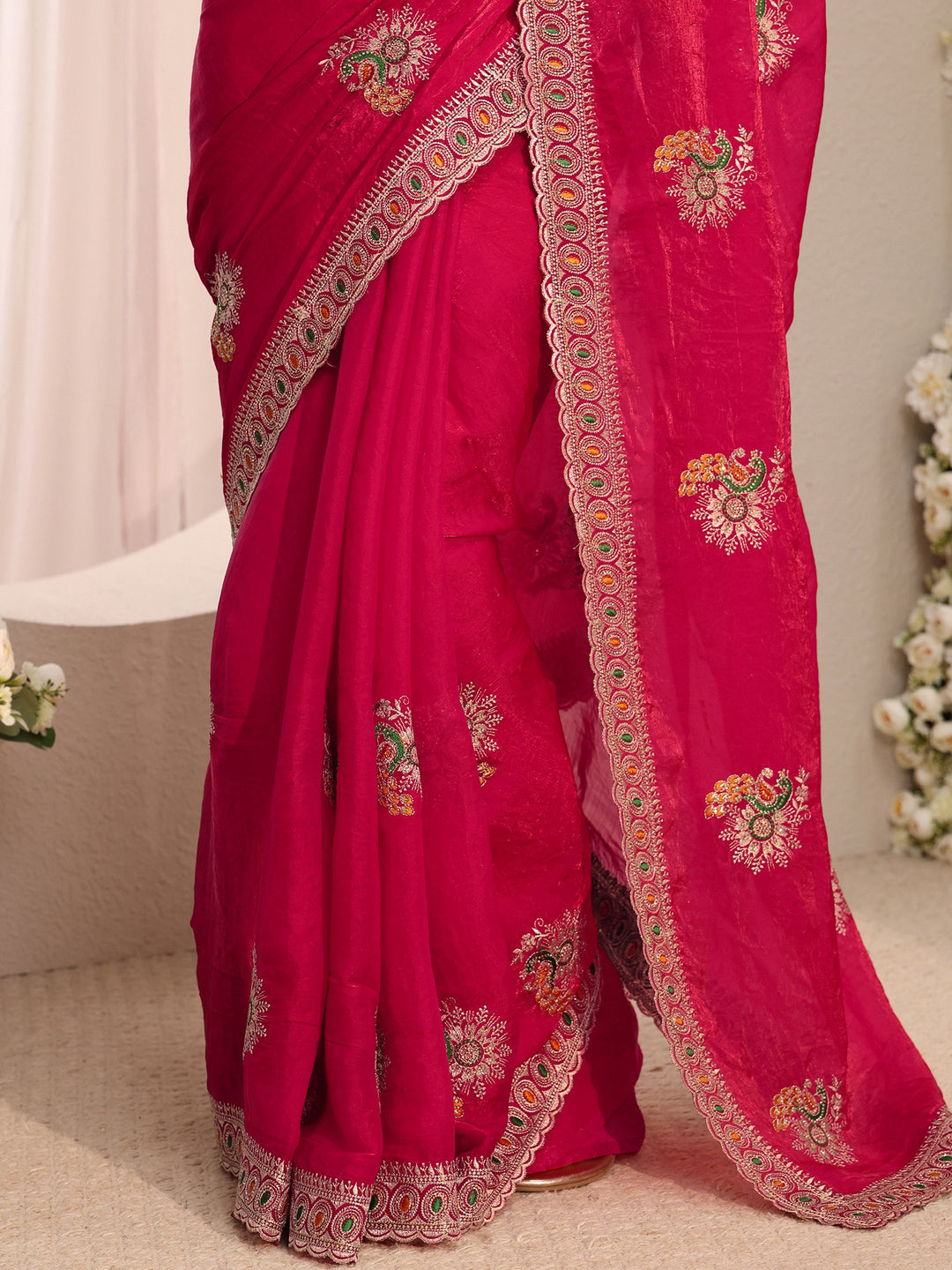 Pink Floral Embroidered Tissue Saree With Unstitched Blouse Piece