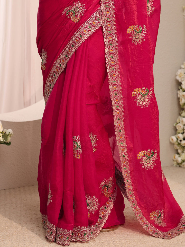Pink Floral Embroidered Tissue Saree With Unstitched Blouse Piece