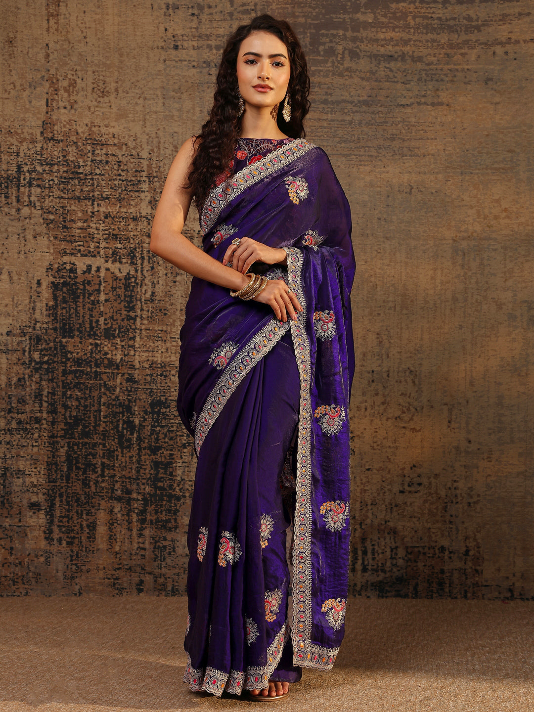 Purple Floral Embellished Tissue Saree With Unstitched Blouse Piece