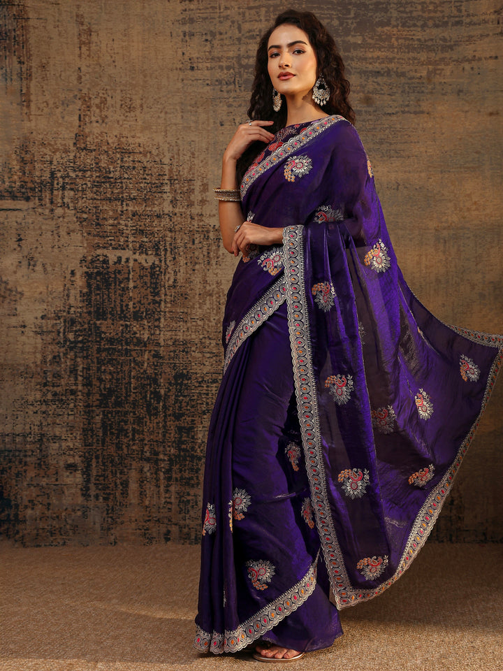 Purple Floral Embellished Tissue Saree With Unstitched Blouse Piece