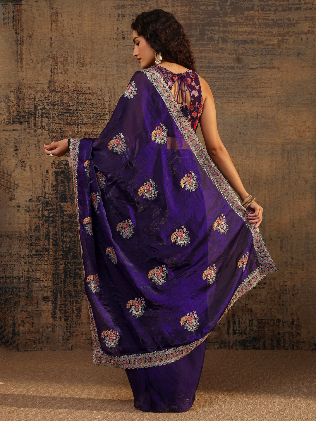 Purple Floral Embellished Tissue Saree With Unstitched Blouse Piece