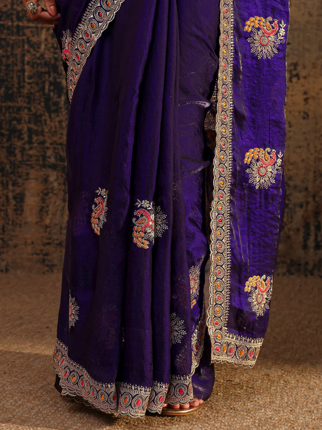 Purple Floral Embellished Tissue Saree With Unstitched Blouse Piece