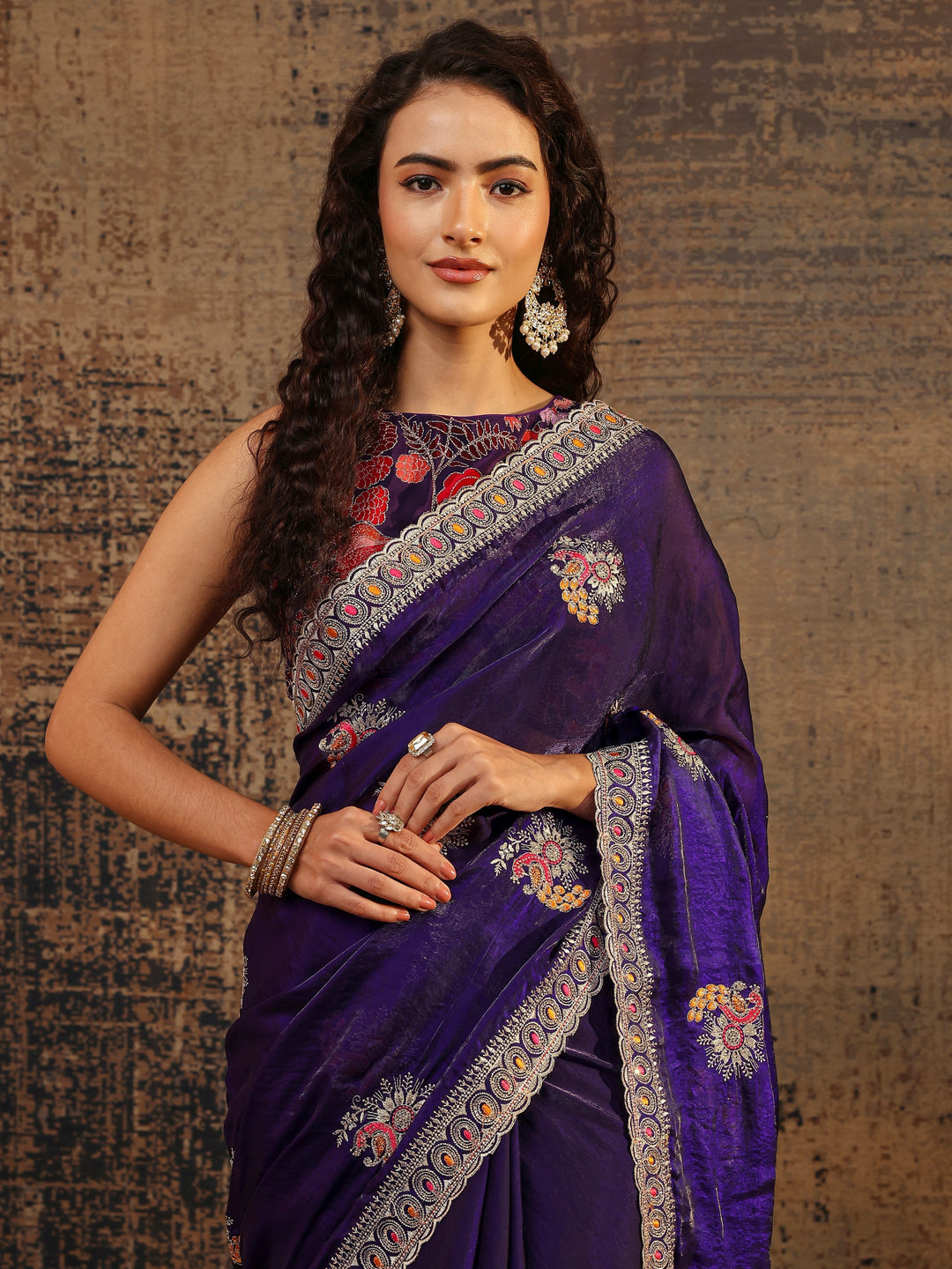 Purple Floral Embellished Tissue Saree With Unstitched Blouse Piece