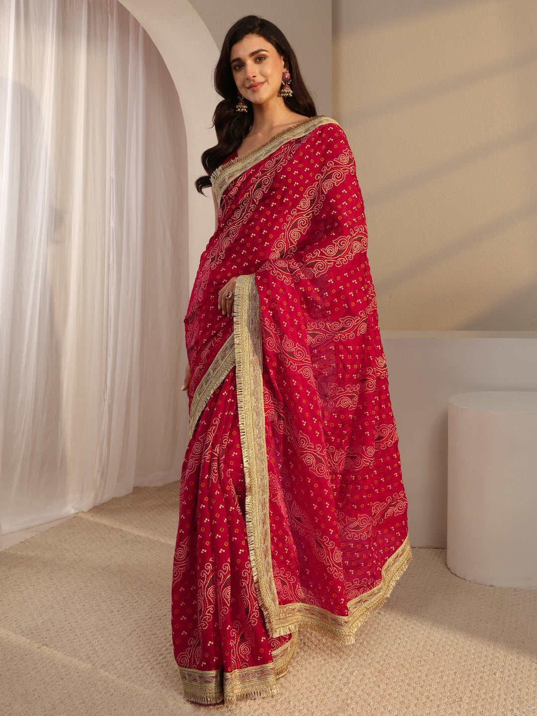 Pink Bandhani Printed Tissue Saree With Unstitched Blouse Piece