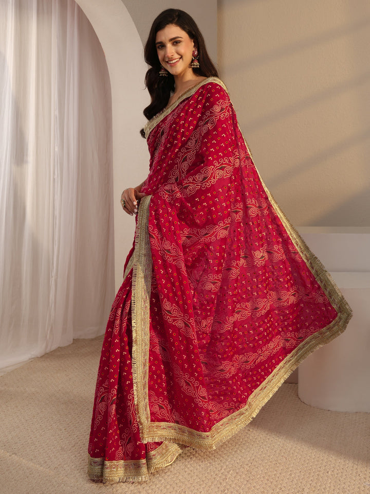Pink Bandhani Printed Tissue Saree With Unstitched Blouse Piece