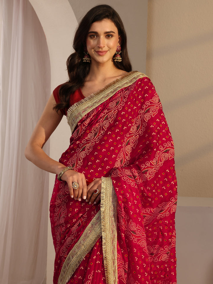 Pink Bandhani Printed Tissue Saree With Unstitched Blouse Piece