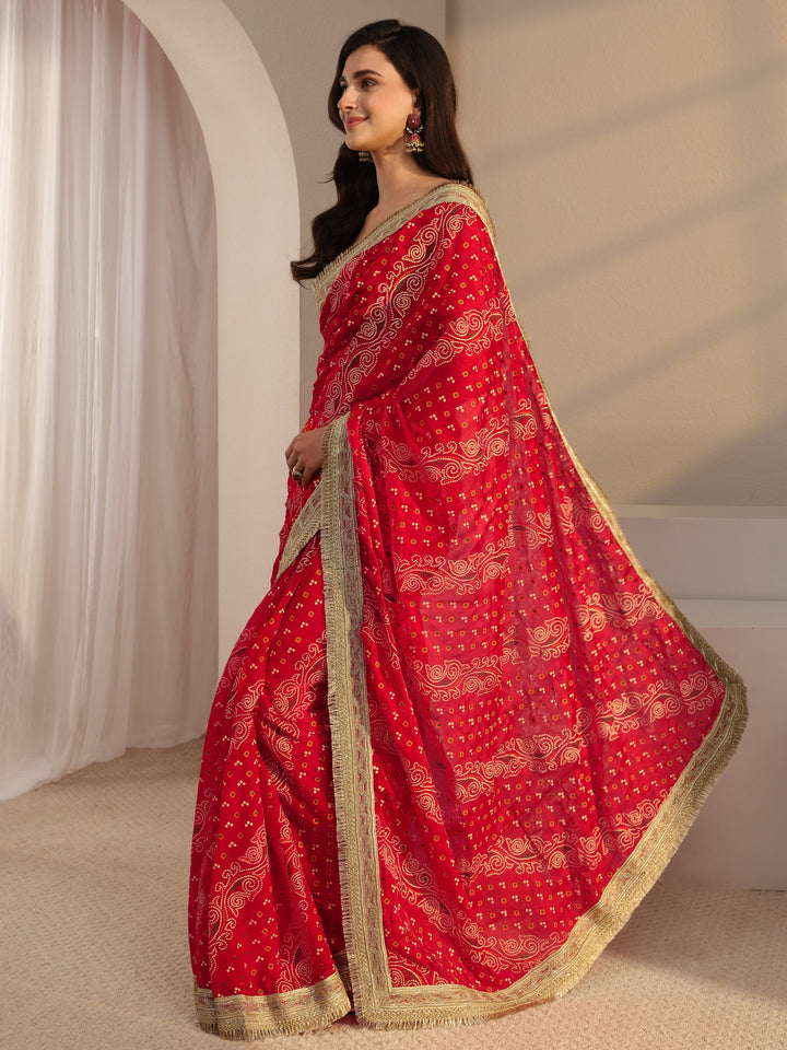 Red Bandhani Printed Tissue Saree With Unstitched Blouse Piece