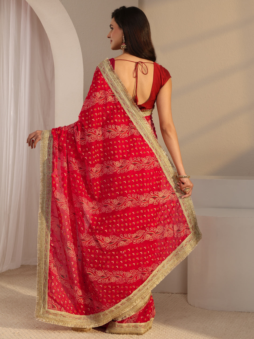 Red Bandhani Printed Tissue Saree With Unstitched Blouse Piece