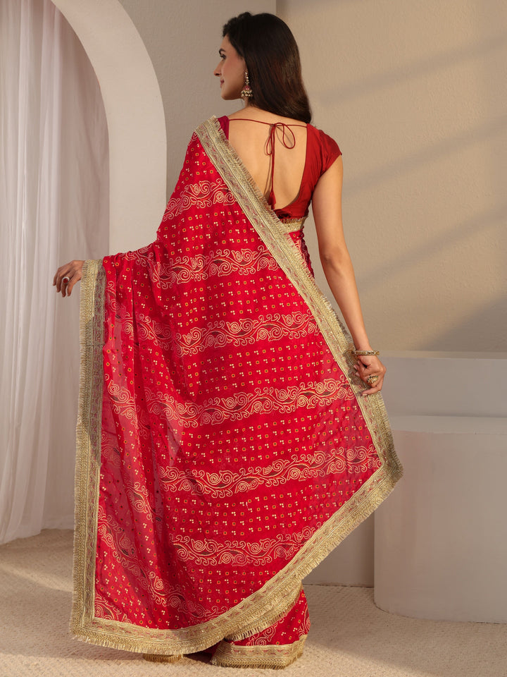 Red Bandhani Printed Tissue Saree With Unstitched Blouse Piece