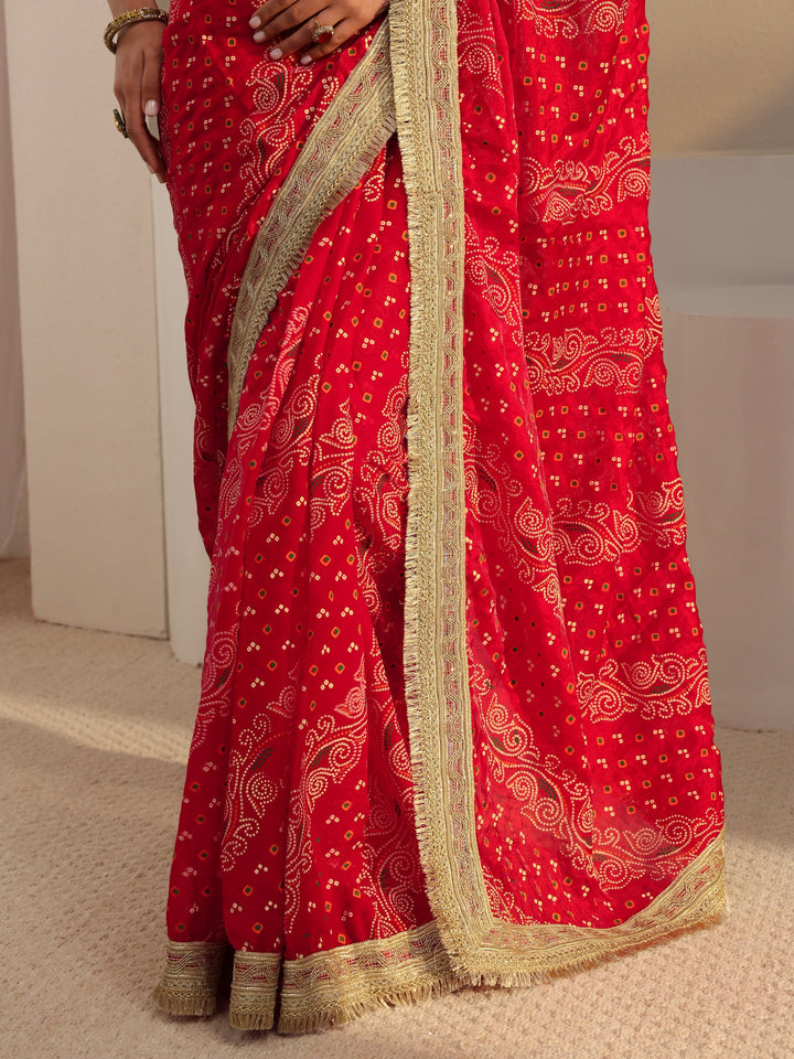 Red Bandhani Printed Tissue Saree With Unstitched Blouse Piece