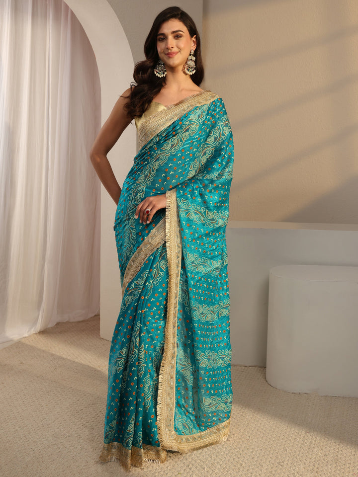 Blue Bandhani Printed Tissue Saree With Unstitched Blouse Piece