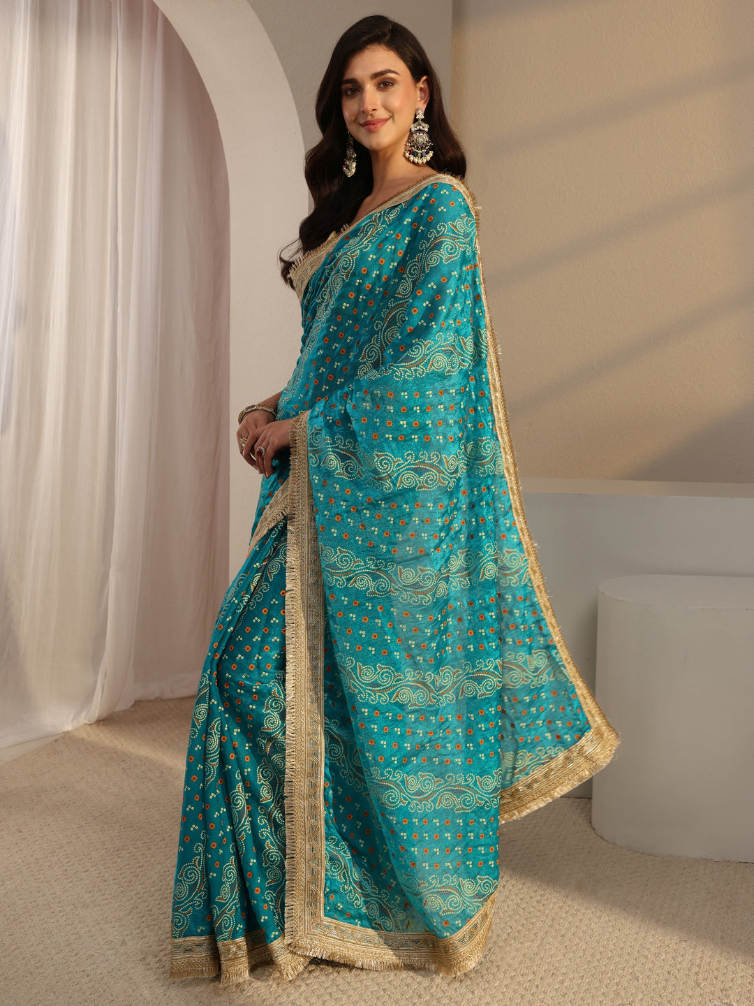 Blue Bandhani Printed Tissue Saree With Unstitched Blouse Piece
